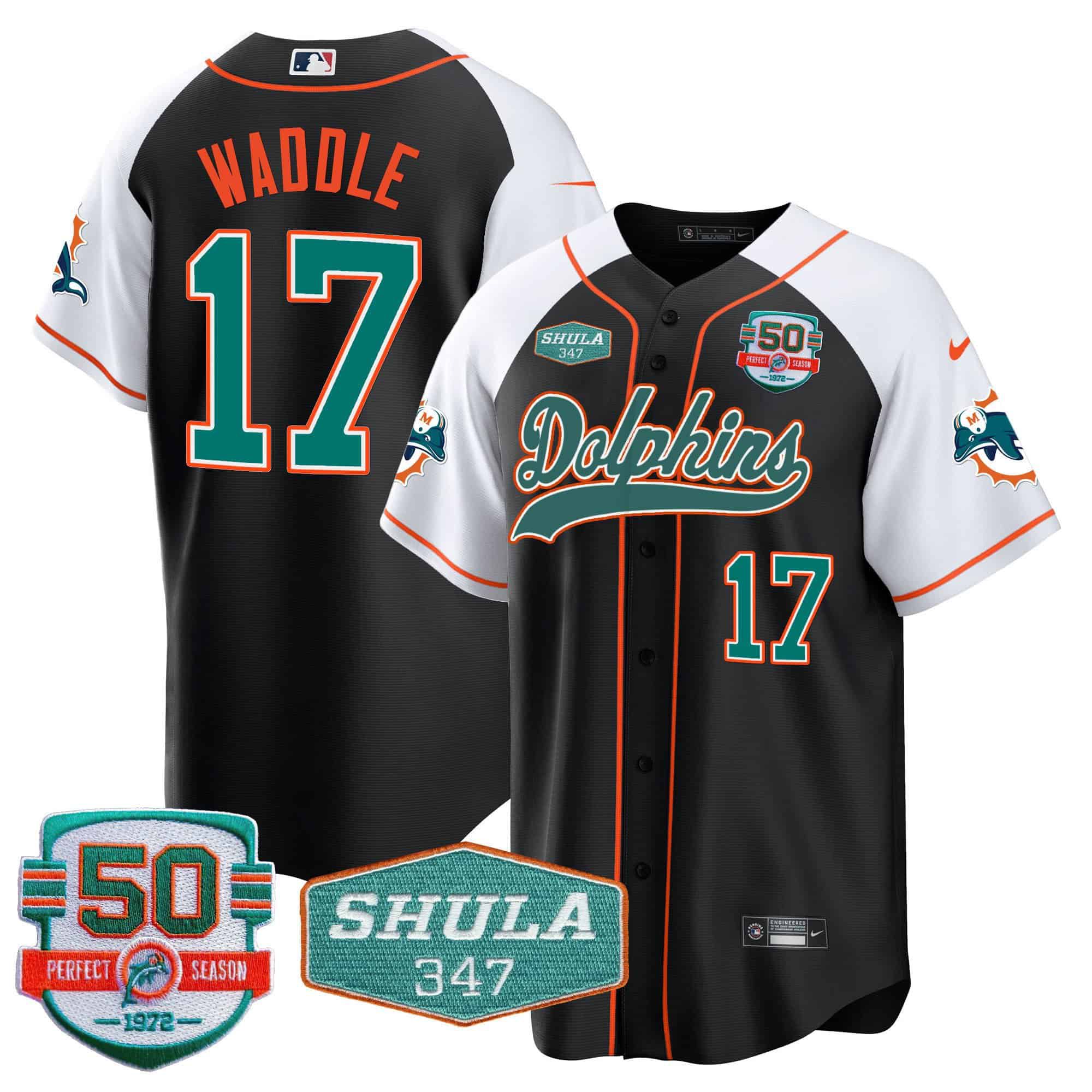 Men Miami Dolphins 17 Waddle Black 2024 Nike 50th Don Shula Memorial Patch Baseball NFL Jersey